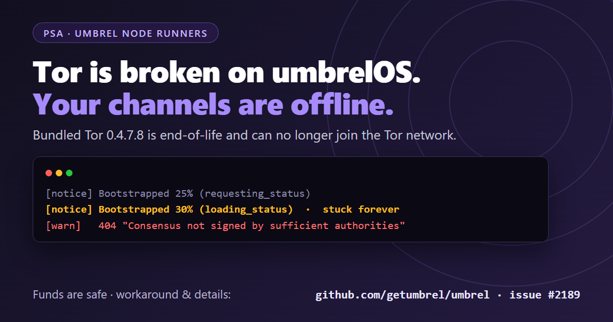 PSA for Umbrel node runners: if your channels are offline, it's probably not your fault. Tor on umbrelOS is broken.